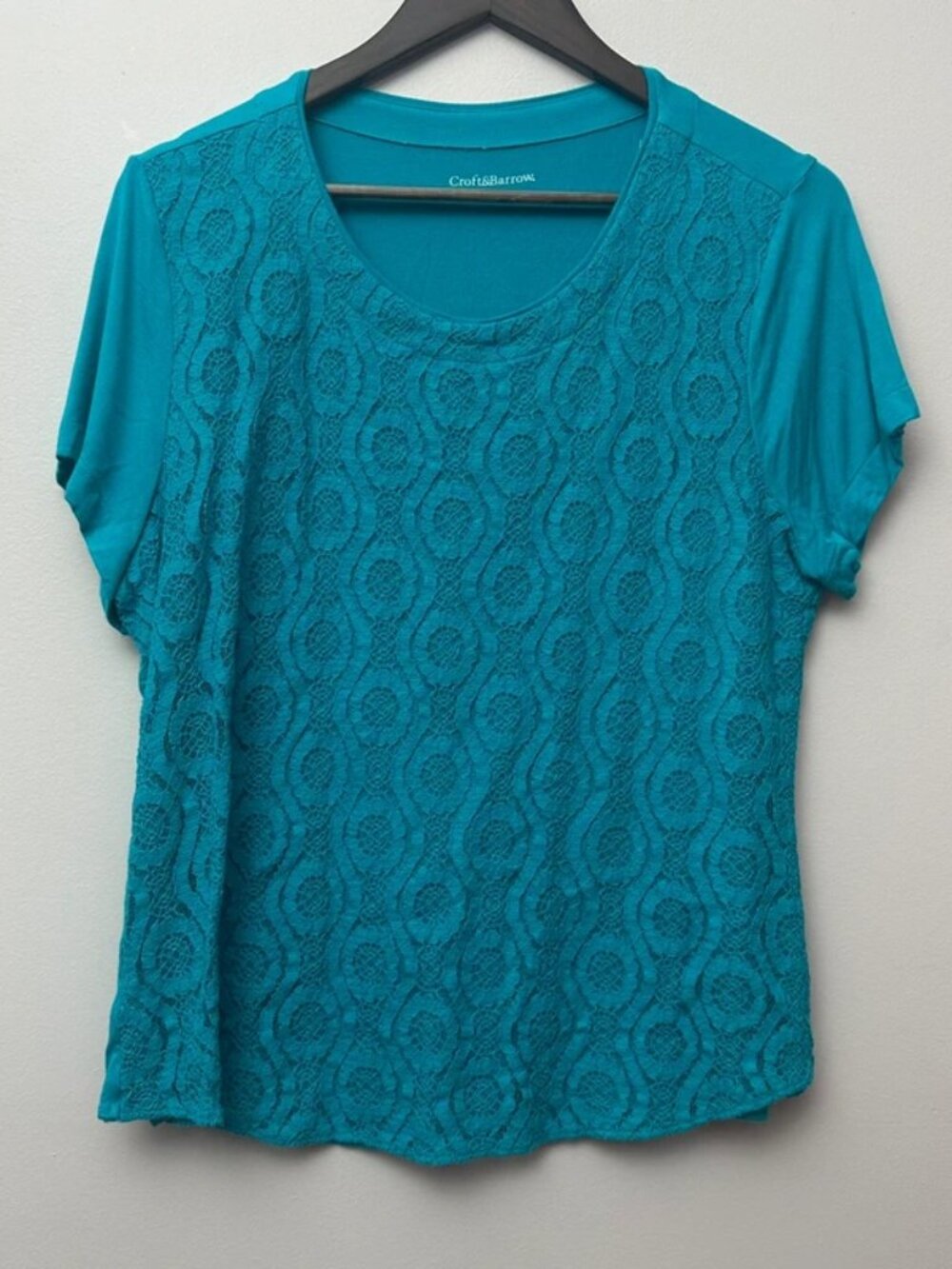 Croft & Barrow Women’s Large Teal Lace Front Short Sleeve Top Blouse